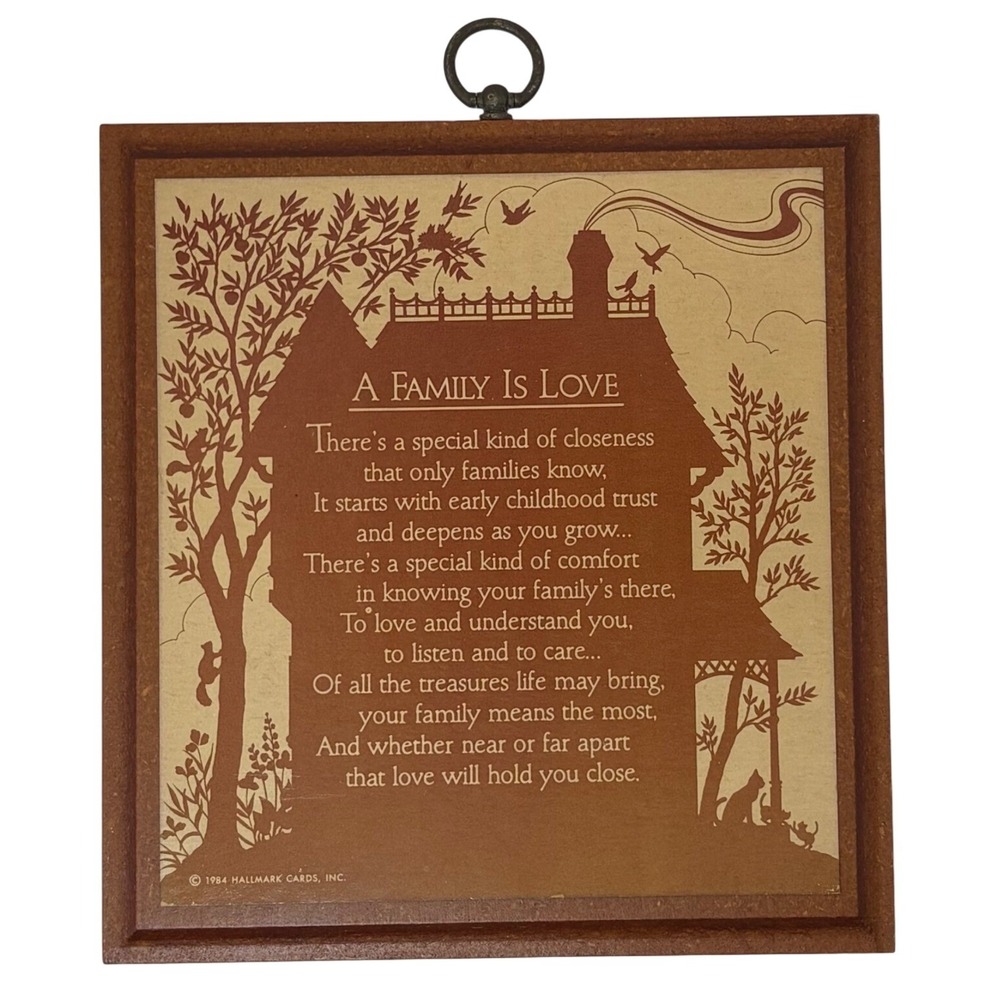 Vtg 1984 Hallmark Ambassador Family Is Love Wood Wall Plaque Poem Tree House 6x6